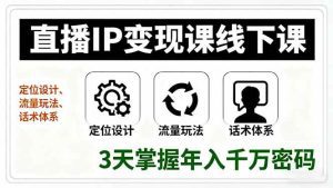 直播IP变现课线下课，定位设计、流量玩法、话术体系，3天掌握年入千万密码_付费教程虚拟资源创业项目网-舜爸的藏宝库
